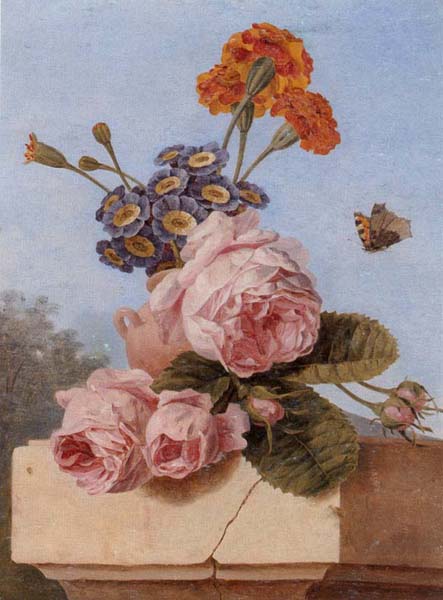 Still life of roses,carnations and polyanthers in a terracotta urn,upon a stone ledge,together with a tortoiseshell butterfly